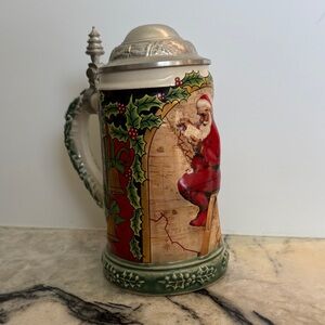 Norman Rockwell Santa Holiday Ceramic Stein in Red, Green & Cream